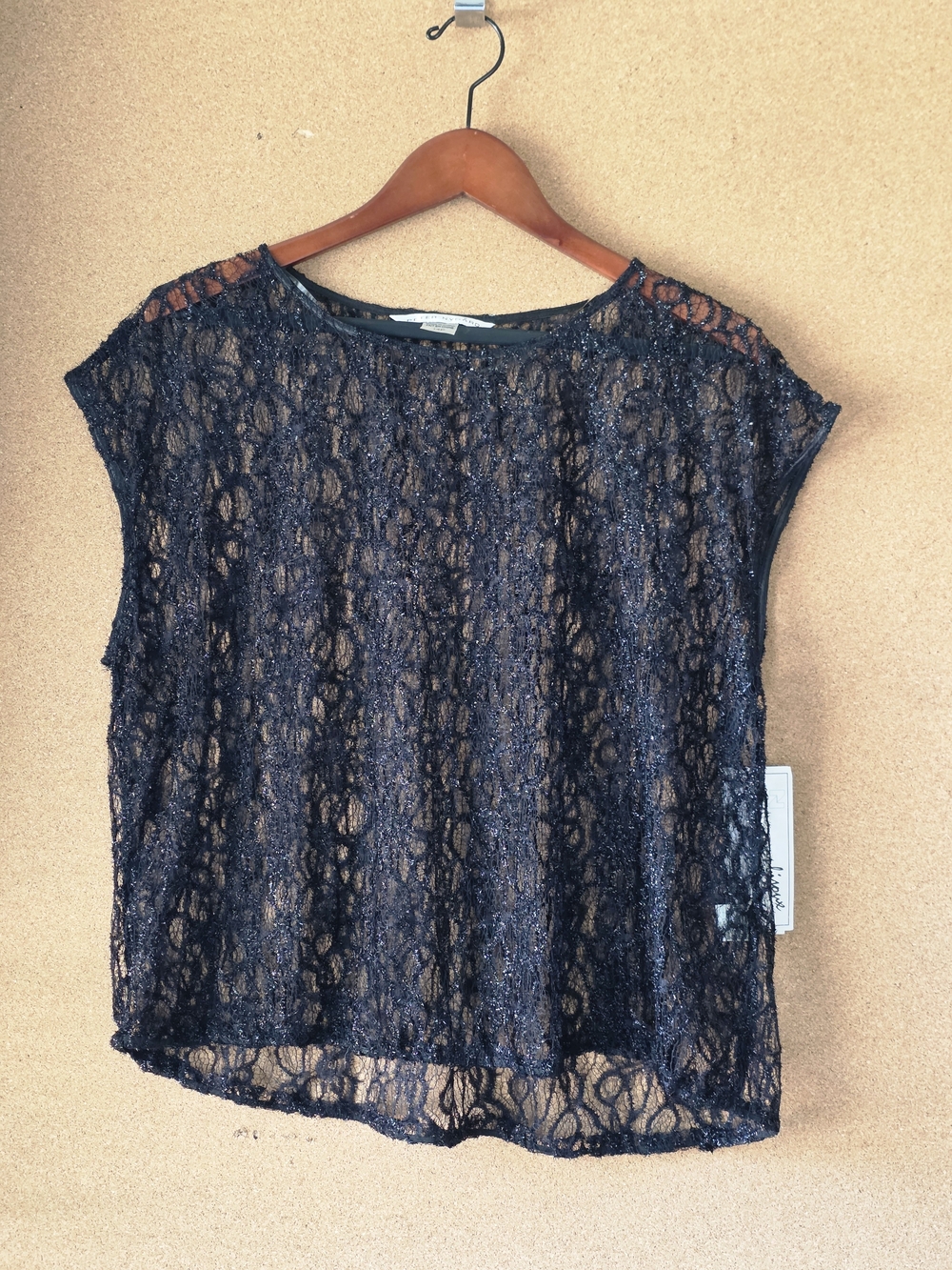 Peter Nygård Black Floral Lace Short Sleeve Top 14P Overlay Lace Evening Top NWT